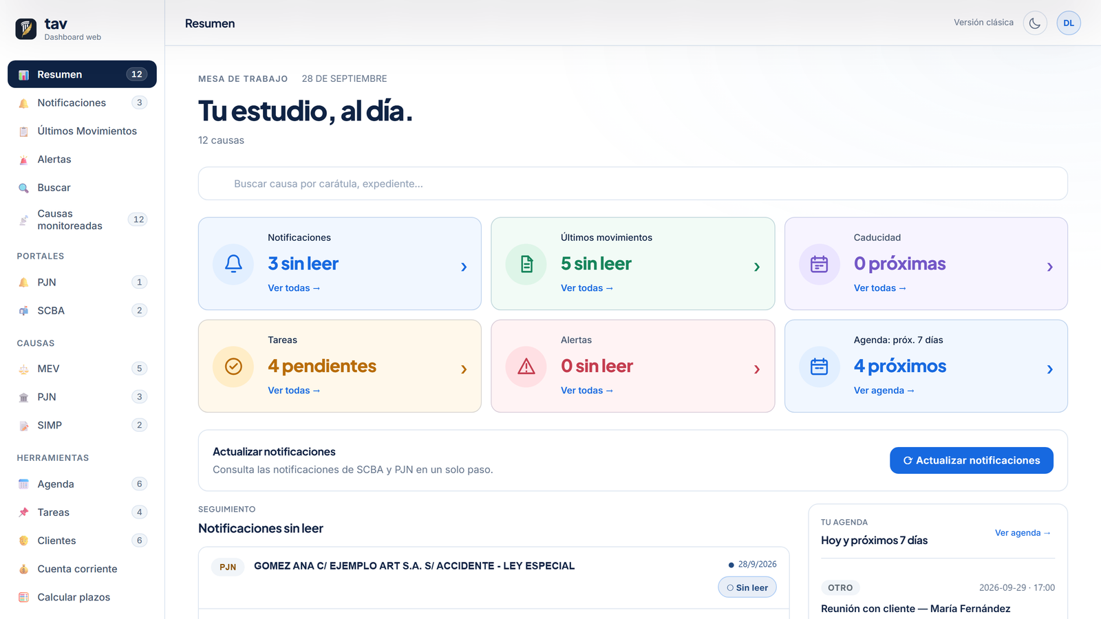 Resumen de la aplicación en la versión web